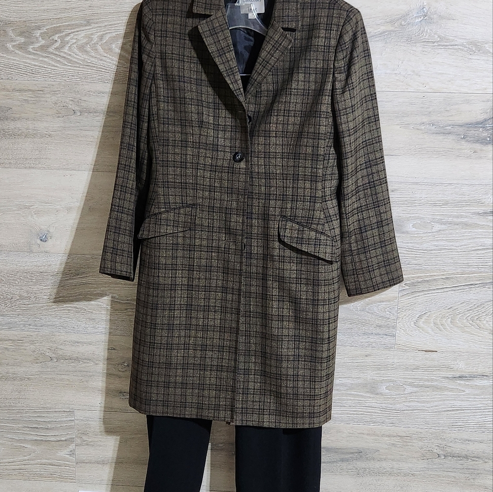 2-Piece Business Suit to Include Long Plaid Women's Blazer and Black Slacks